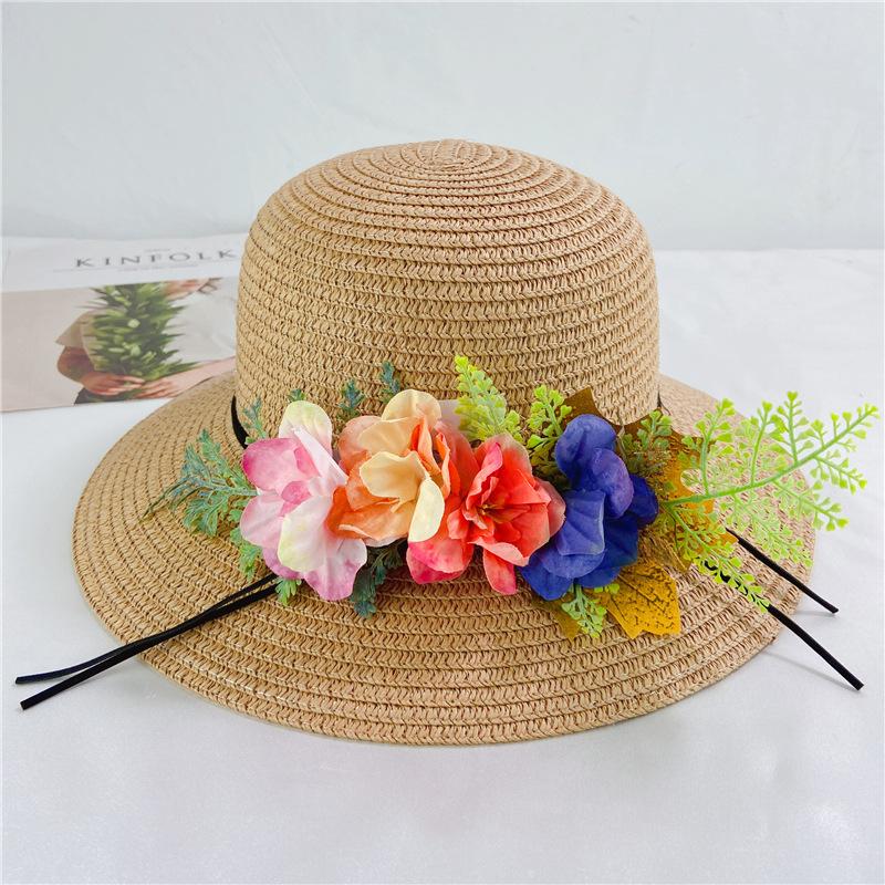 Pastoral flowers straw hat women summer sunscreen sunshade bucket hat travel seaside beach basin hat foldable