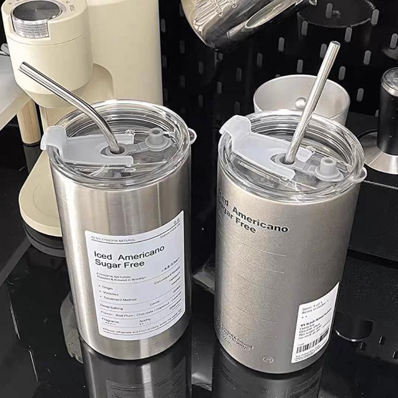 Coffee Cup Thermos 304 Stainless Steel Double -layer Cooler Straw Cup Portable Reusable Ins Ice American Coffee Mug Water Bottle