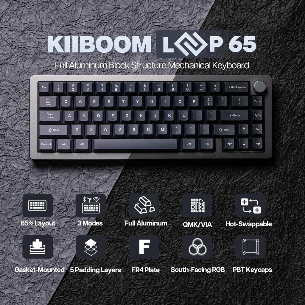 KiiBOOM Loop 65 Full Aluminum Block Structure Mechanical Keyboard Gaming Keyboard Wireless Keyboard Gasket FR4 Plate with RGB for 65% QMK/VIA