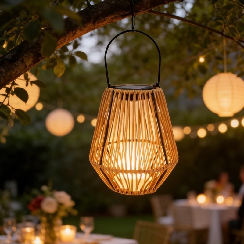 Boho-Style Handmade Solar Powered Rattan Chandelier - Waterproof Solar Light - with Handle, Ideal for Decorating Gardens