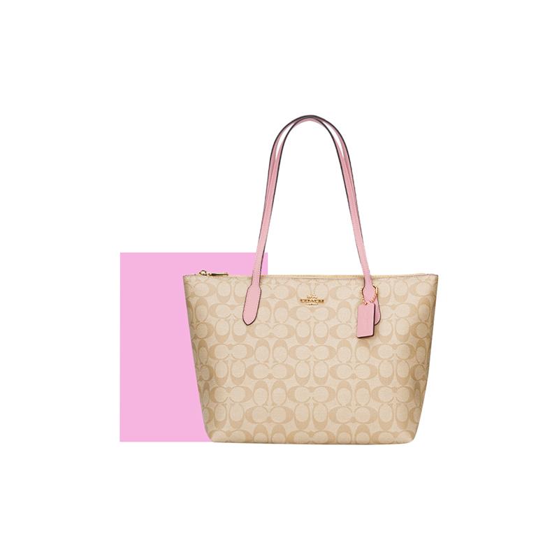 Coach Shoulder Bag Zip Top Tote 30 Resort Style Tote Tote Shopping Handbag PVC with Leather Large Size Women's Light Khaki with Cherry Blossom Pink