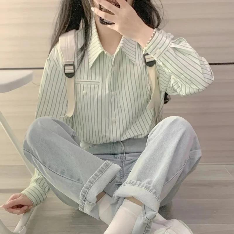 VAYLA Casual Commuting Long Sleeves Striped Shirt for Women Spring Autumn Loose Japanese Style Retro Small Shirt Chic Top for Women