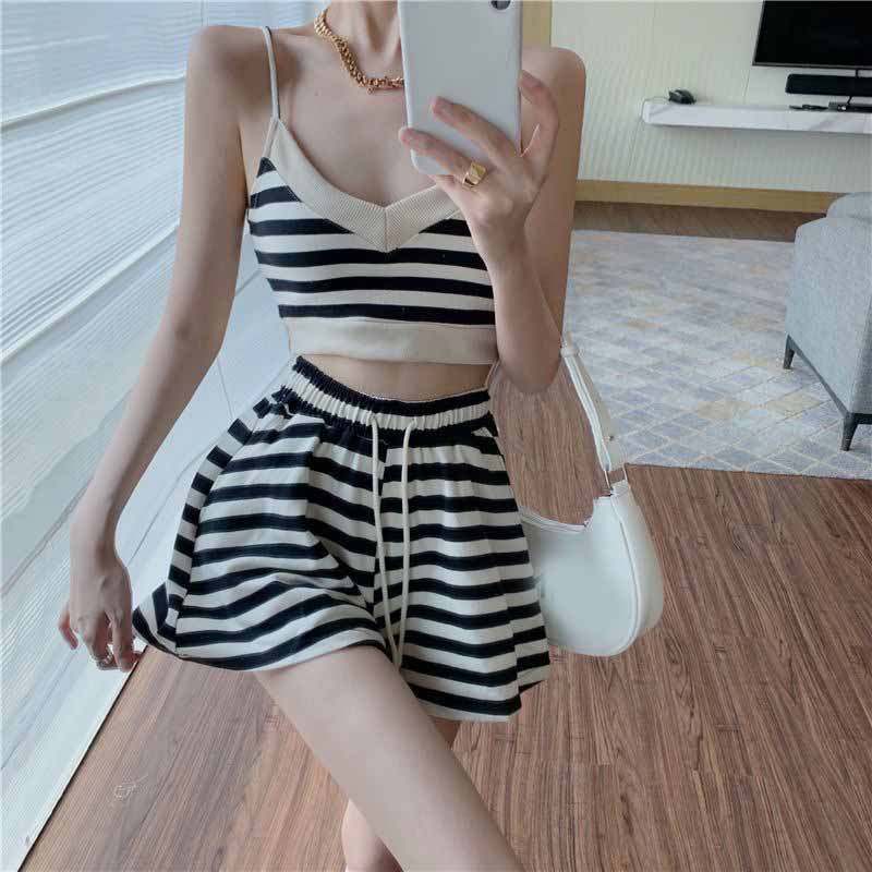 Two Piece Sets Women Summer Vacation Backless Camisole Elastic Waist Shorts Stripe Y2K Beach Style Suits