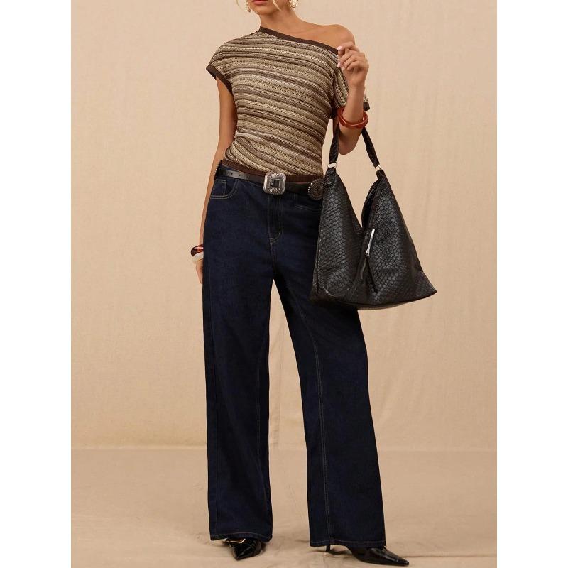 

women s Colorful Striped Knit One Shoulder Short Sleeve Slim Fit Crop Top Blouse 2XL хакі