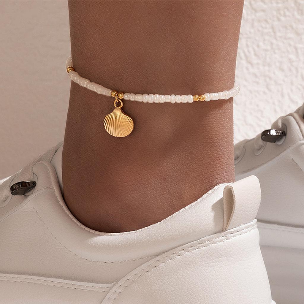 Classic Hot Selling Beach Holiday Imitation Pearls Chain Gold Color Conch Shell Pendant Anklet for Women Summer Ladies Gift
