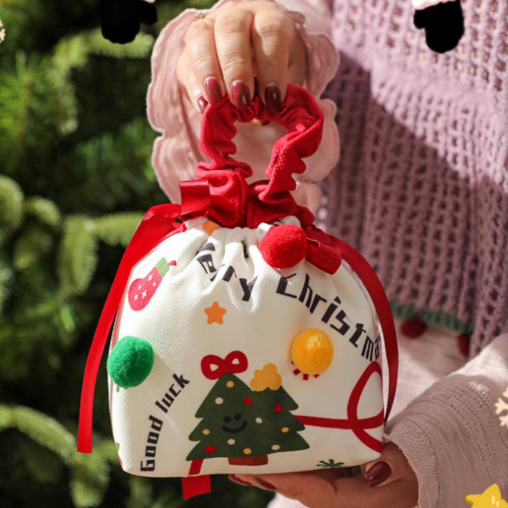 Christmas Gift Bags Cartoon Candy Bag with Bow Biscuits Apple Packaging Box Children's Drawstring Pouch Party Supplies Storage