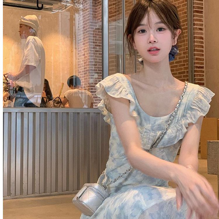 Monet Garden summer smudge romantic dress new temperament French long dress waist floral suspender skirt
