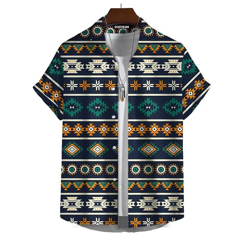 

Vintage Hawaiian Shirts For Men Ethnic Pattern Print Lapel Blouse Fashion Casual Womens Clothes Short Sleeve Tees Tops S