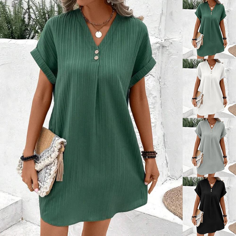 Damen Lockeres T-Shirt-Kleid V-Ausschnitt Kurzarm Strand Baggy Solid Sommerkleid Übergröße Kleidung