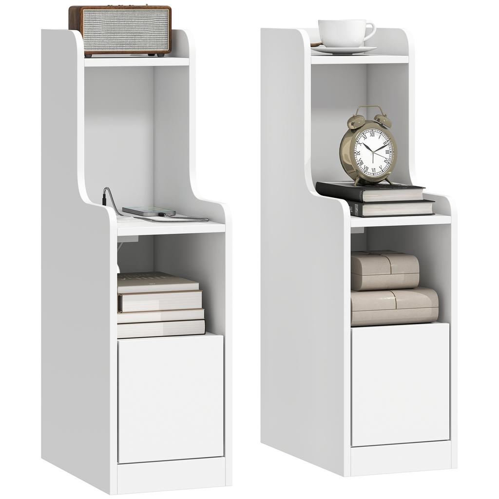 Set of 2 Bedside Tables with Charging Station, Modern Nightstands with Drawer, Open Shelves, White