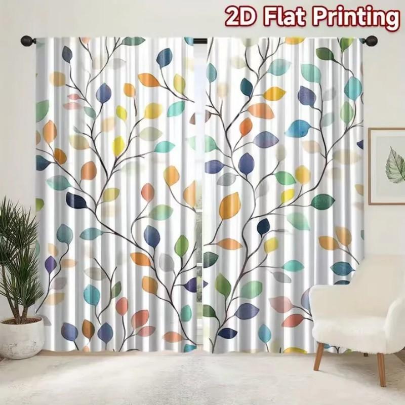 Colorful Leaf Polyester Curtains Set Two Decorative Kitchen Window Treatments Vibrant Fabric Of 2 Made Cooking Area Decor