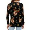 Women's Casual Christmas Print V-Neck Long Sleeve T-Shirt with Decorative Buttons