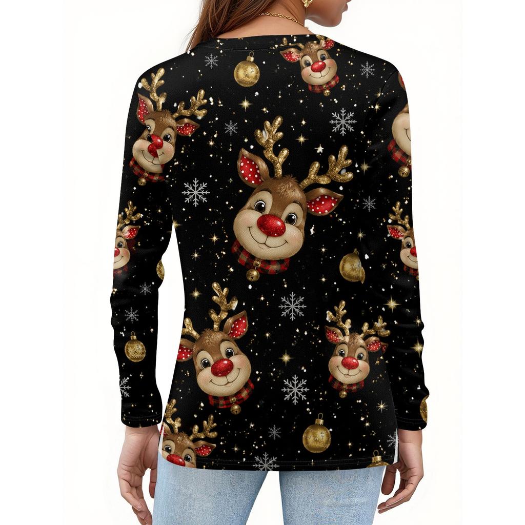Women's Casual Christmas Print V-Neck Long Sleeve T-Shirt with Decorative Buttons