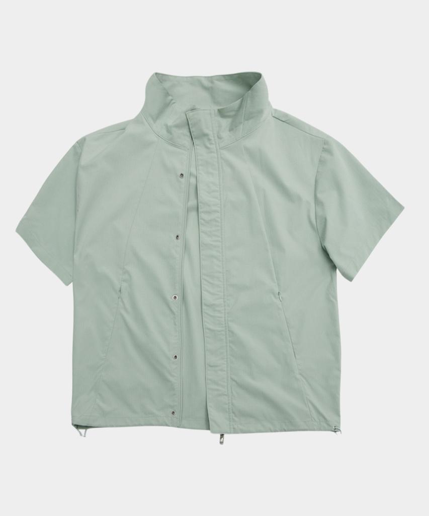 Placestudioman Authentic Light Diagonal Cut Point High-Neck Nylon Windbreaker Short Sleeve Jacket [Green]