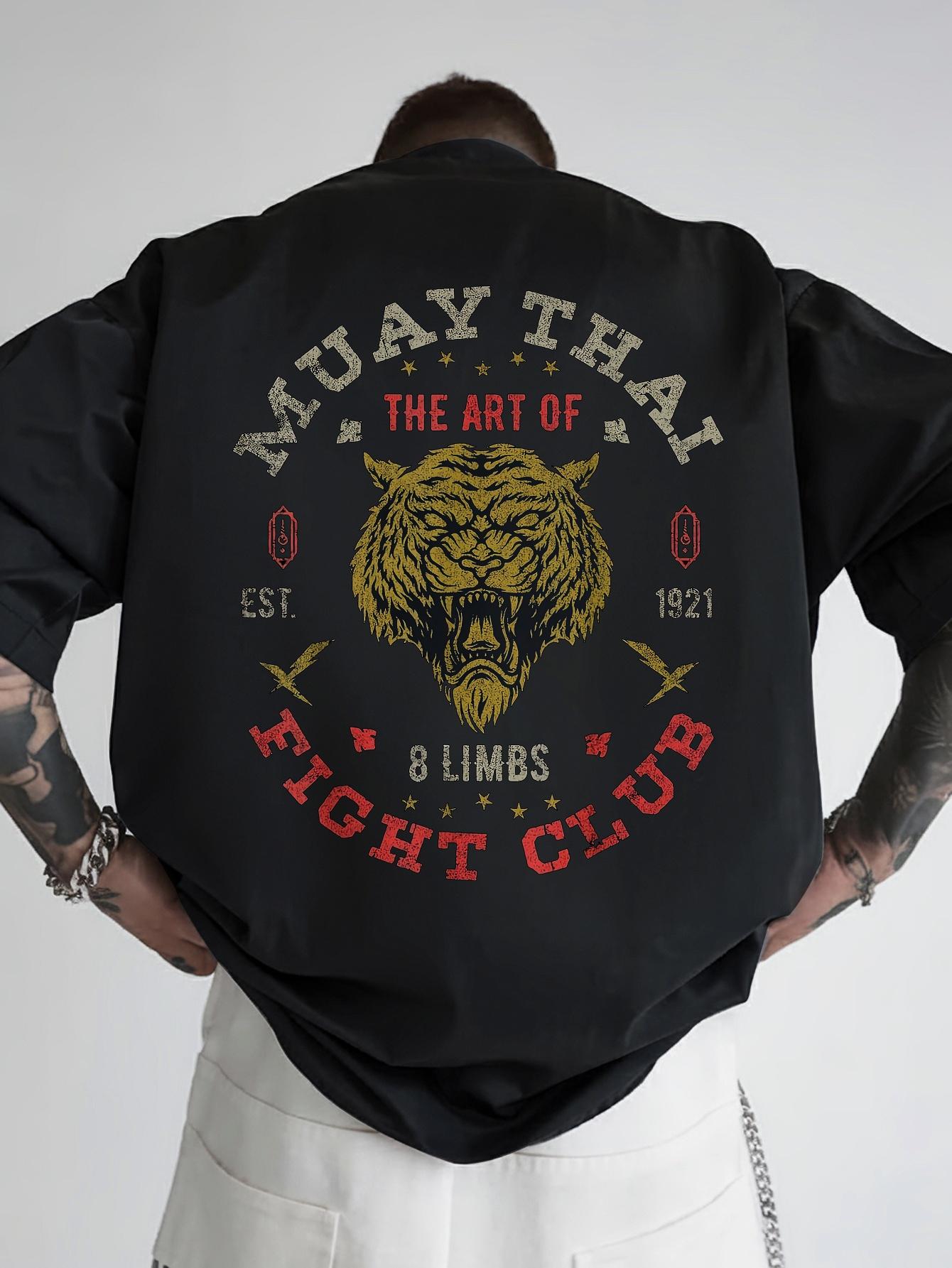 Muay Thai Fight Club Graphic T-shirt - Bold Tiger & Stars Back Print S