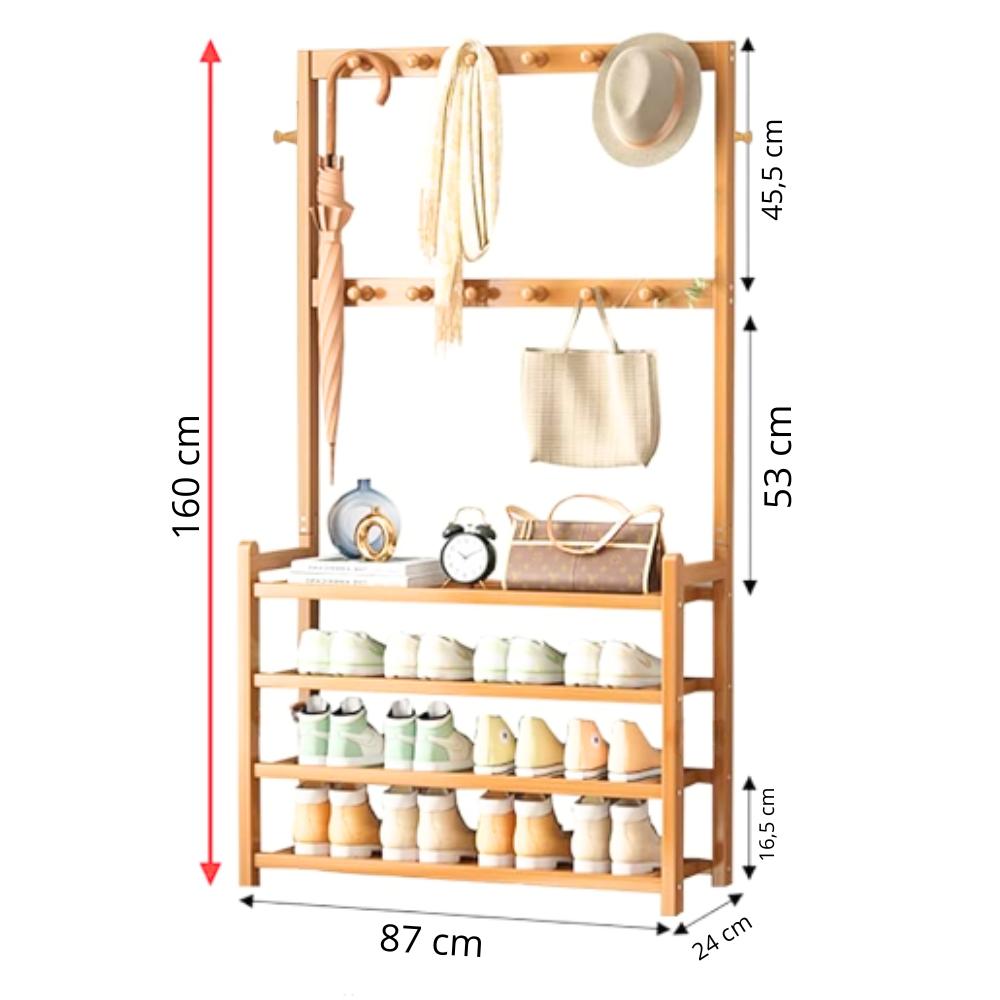 Bamboo Hanger, Shoe Rack, Shelf, Hall Stand, 4 Shelves, Hooks, Footwear