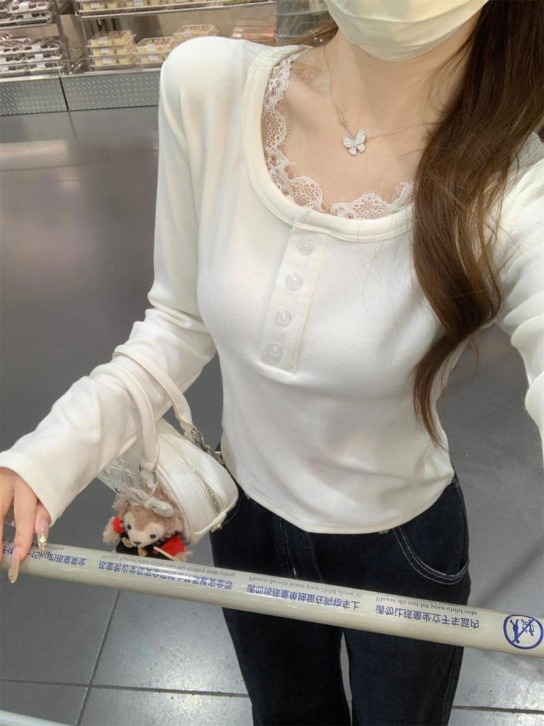 Korean Autumn Slim-Fit Square Neck Lace Trim Long-Sleeved Cashmere T-Shirt for Women