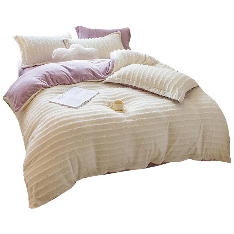 Ins Solid Milk Velvet Vierteiliger Bettbezug aus Korallensamt mit Fransen Winterflanell-Bettlaken Bettbezug Bettwäsche