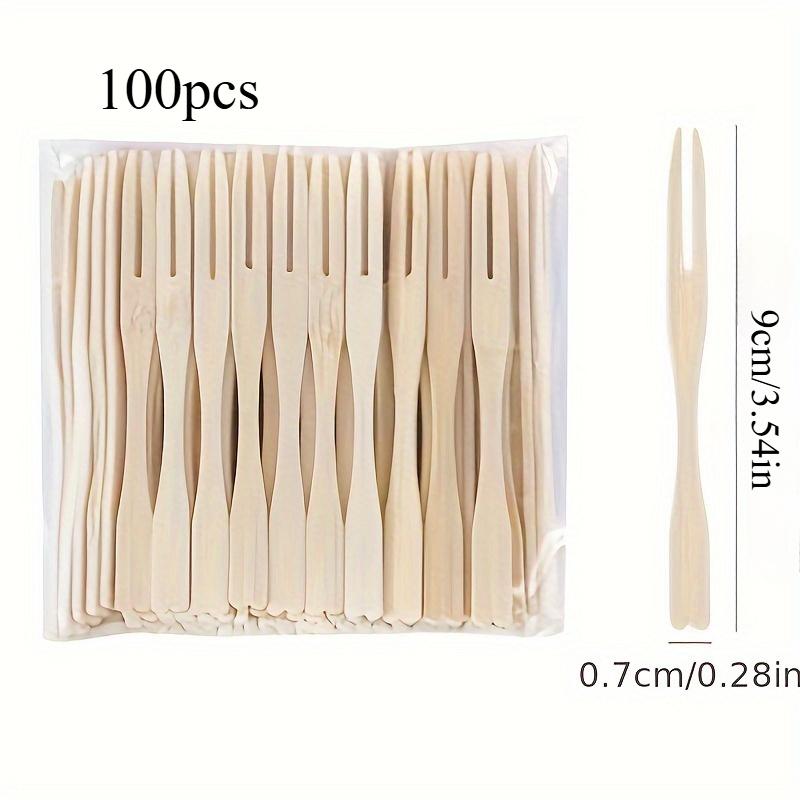 100 Pcs Bamboo Mini Cakes, Pastries, Forks, Desserts, Two-tooth Forks, Disposable Double Prong Fruit Cocktail Forks