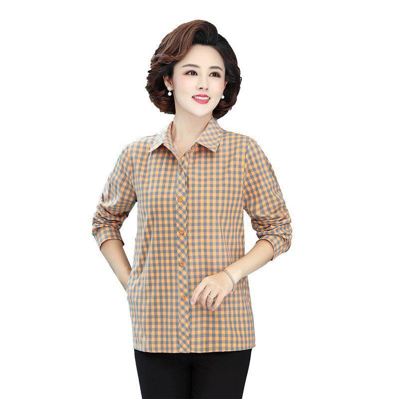 2026 Spring/Autumn Plaid Cotton Long-Sleeve Cardigan Shirt for Middle-Aged Women