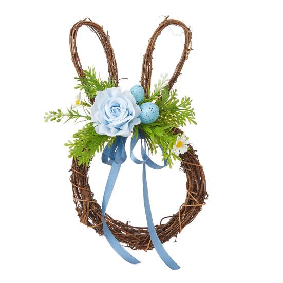 Easter Bunny Wreath with Faux Flowers Rattan Wall Door Hanging Decor for Spring Festival Indoor