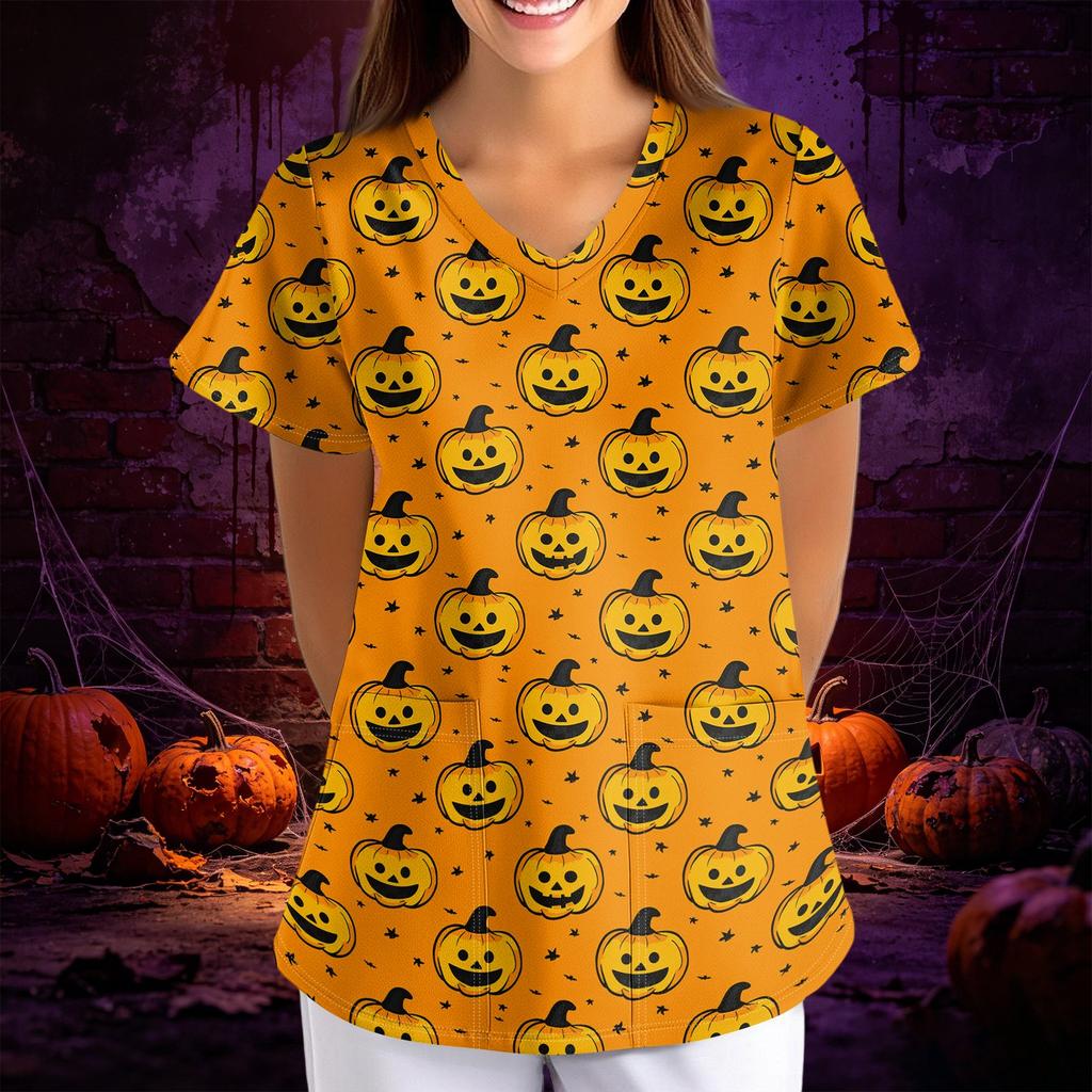 Women Halloween Print Loose Fit V Neck Short Sleeve Medical Scrub Top with Pockets Casual Workwear Uniform for Healthcare Professionals