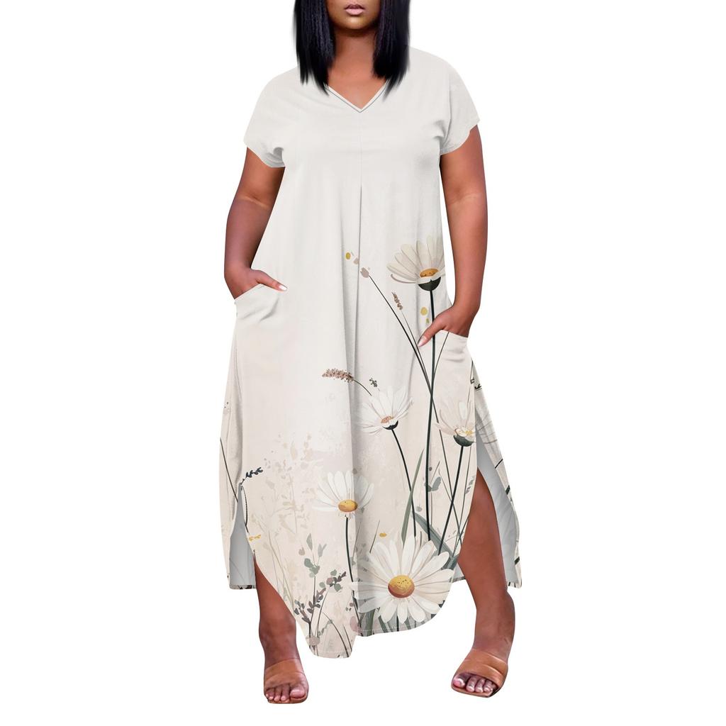 Women Floral Maxi Dress Summer Casual Short Sleeve Dress Sundress V-Neck Long Dresses With Pockets Beach Vacation