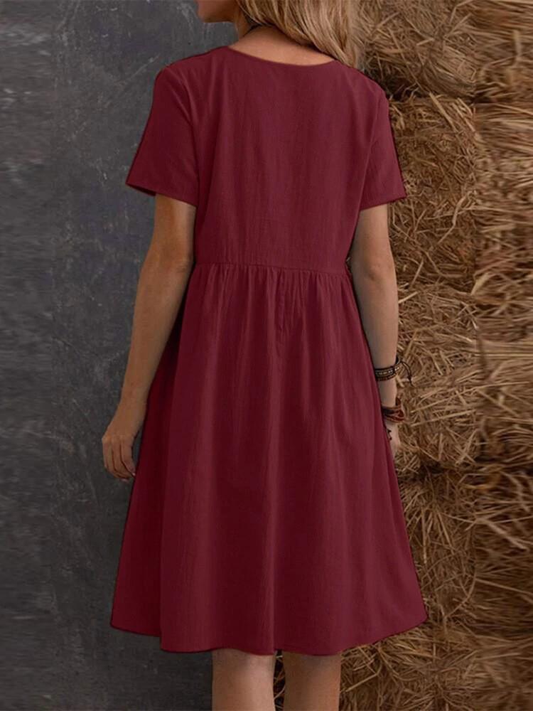 2026 Retro Lockeres Taschen-Einfarbiges Baumwoll-Leinen-Kleid für Damen