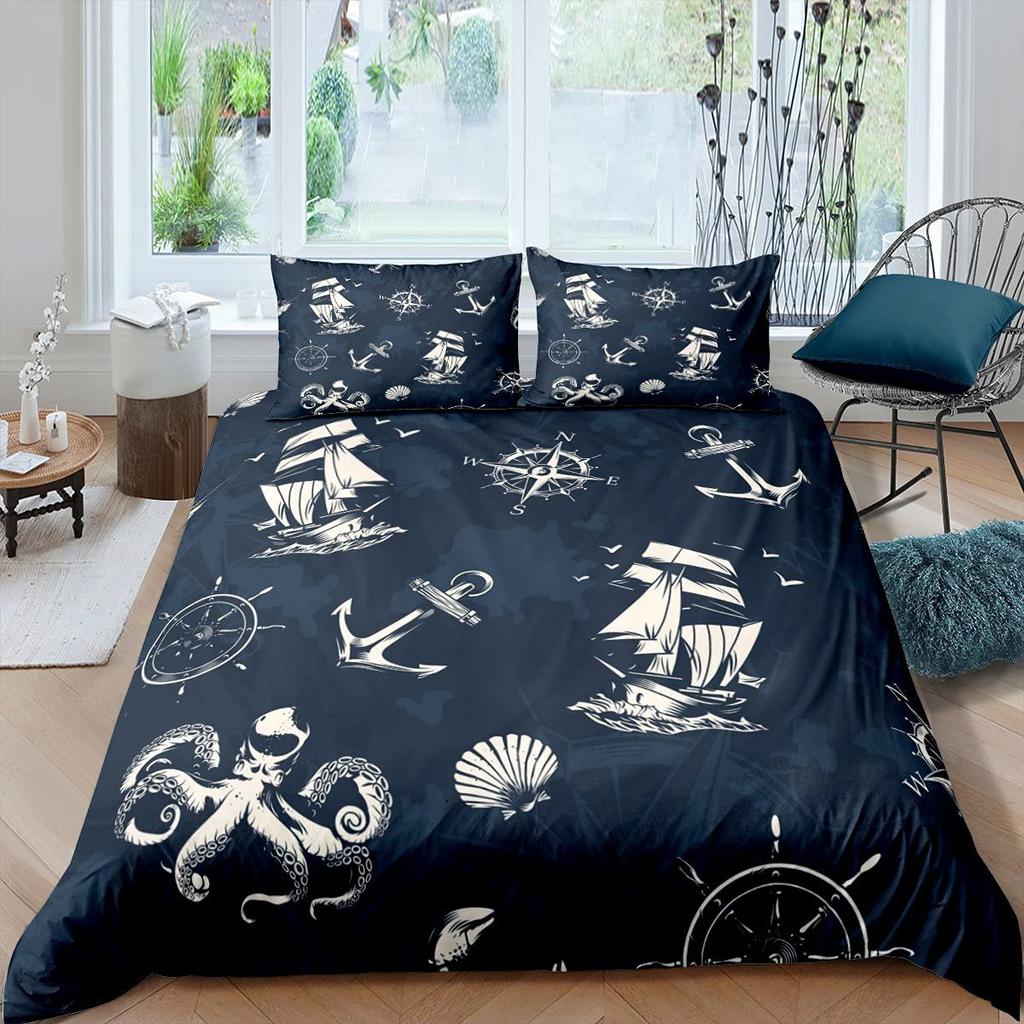 Nautical Duvet Cover Set Boat Pirate Bedding Set King Size Retro Sailboat Brown Comforter Cover Anchor Compass Vintage Quilt Set