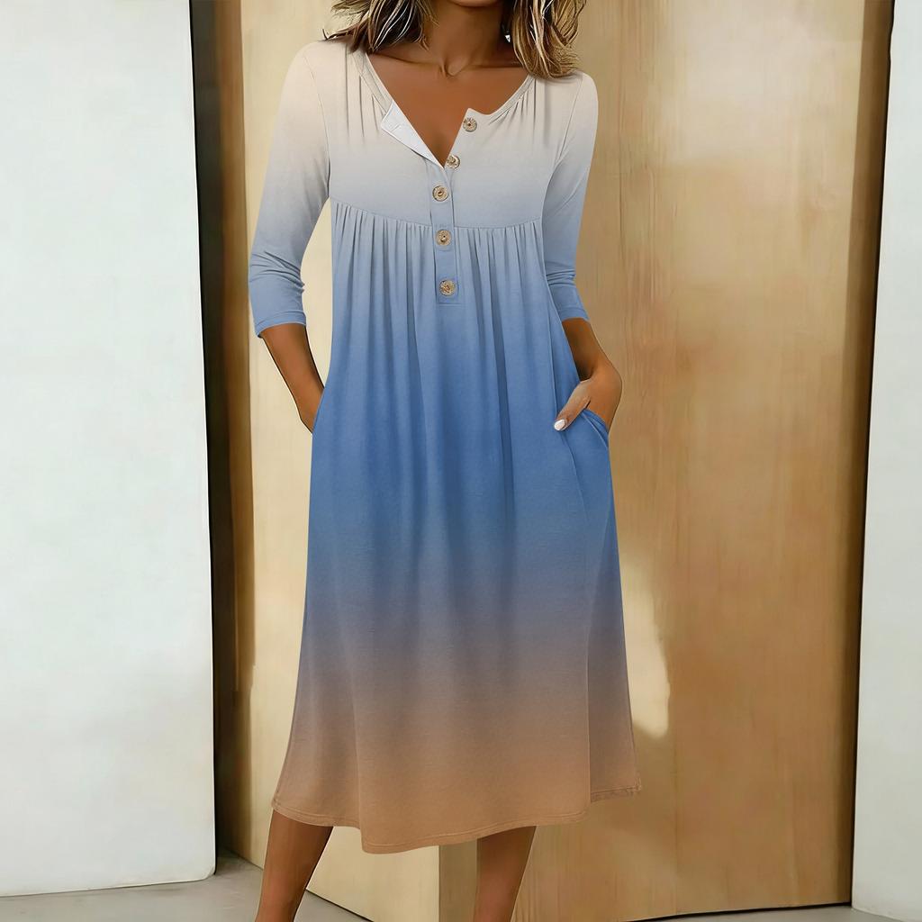 Women's Fashionable Color Printed Round Neck 3/4 Sleeve Button Collar Mid Length Casual Dress