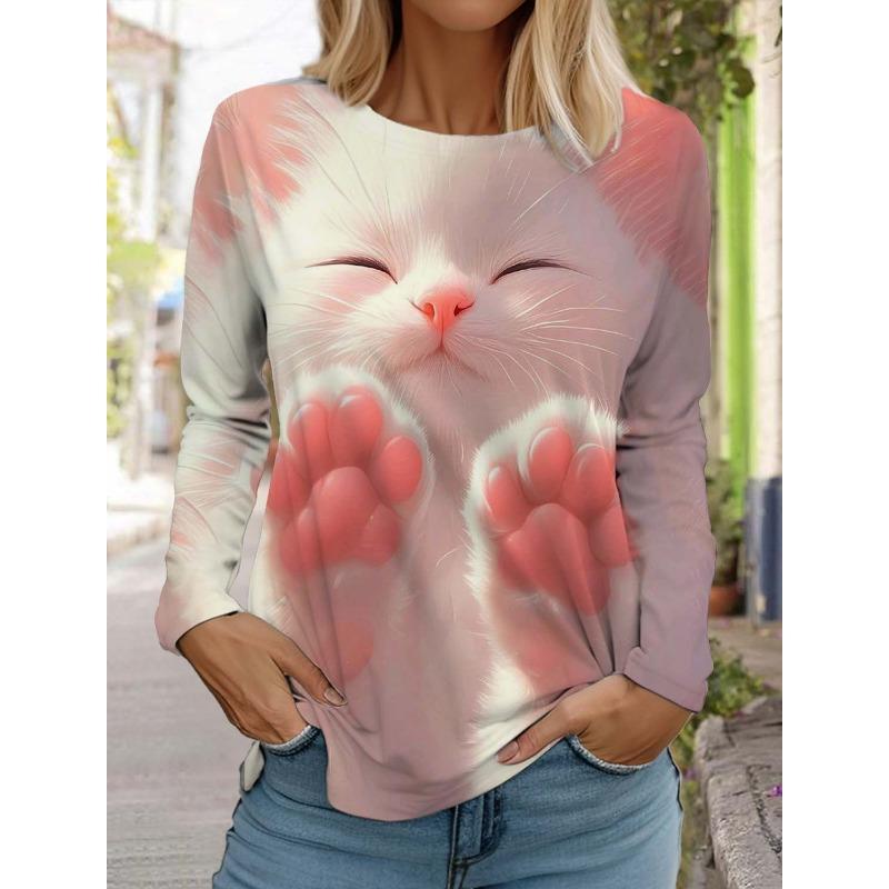 Maglietta da donna a maniche lunghe con gatto carino di Natale, girocollo, manica lunga, autunno, abbigliamento animale, moda festiva, maglietta da festa