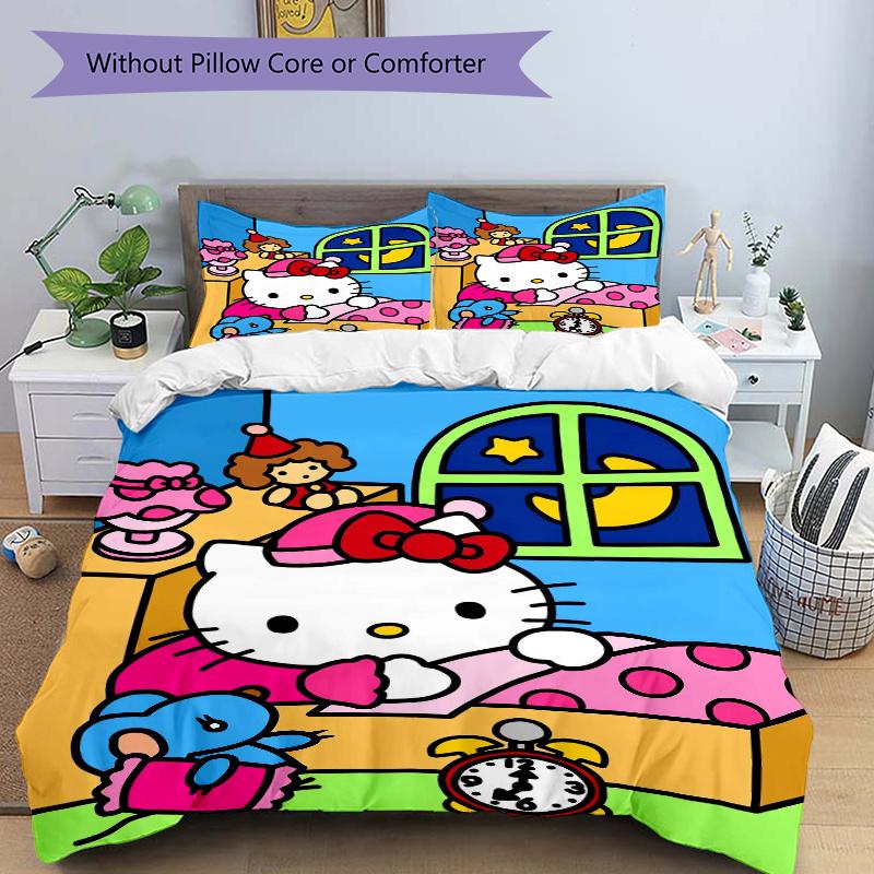 3pcs Goodnight Hello Kitty Bedding Set Includes Quilt Cover and Pillowcases, Suitable for All Seasons, Machine Washable Ideal Gift W026