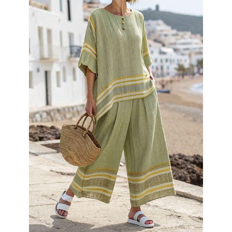 

European and American Cross-Border Summer Women New Stripe Color Matching Patchwork Half Sleeve round Neck Top Straight Casual Trousers Set Dress Green S