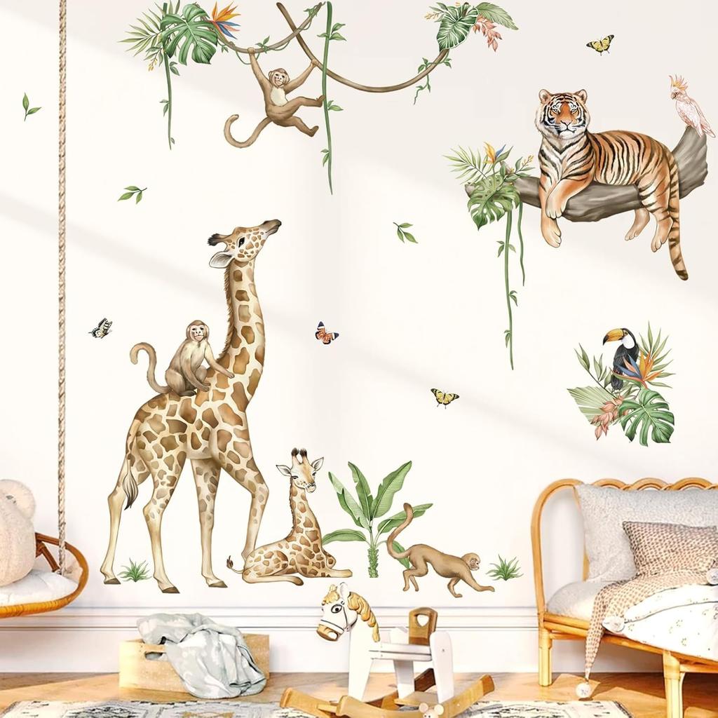 wondever Large Jungle Animal Tree Branch Wall Stickers Safari Giraffe Tiger Monkey Peel and Stick Wall Art Decals for Baby Nursery Kids Bedroom