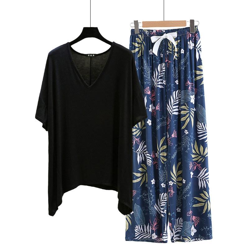 irregular Tshirt and floral wide leg pants summer women's casual pajamas sets Short sleeve homewear suit Loose lightweight Loungwear Plus size