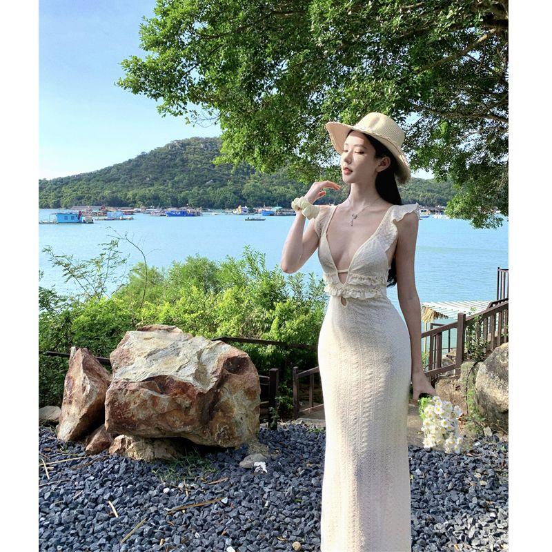 

Европейская и американская горячая юбка, сексуальная юбка с открытой спиной и бедрами, атмосфера морского отдыха, ультра-низкий глубокий V-образный вырез, низкий вырез, кружевное платье Meters apricot M