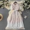Dame Runway Designer Luksus Blonde Festkjoler Vintage Lapel Kortermet Belte Sommerkjole Gull Knapper Hule A-linje Robes Femme