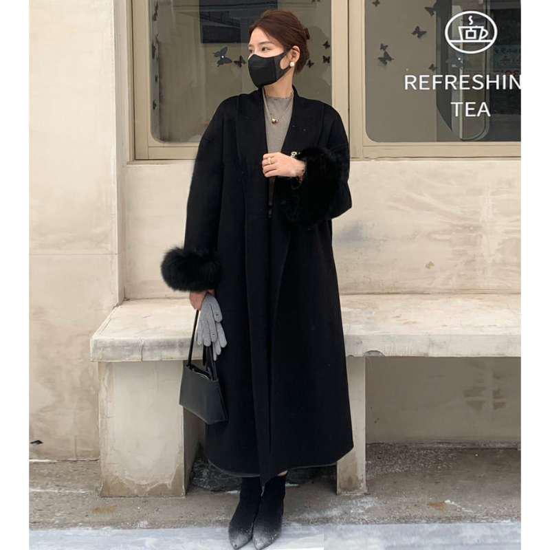 Women's Mid-Length Double-Faced Cashmere Coat with Fox Fur Cuffs for 2025 Autumn/Winter