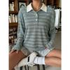 Womens Striped Button Polo Collar Long Sleeve Casual Loose Sweatshirt