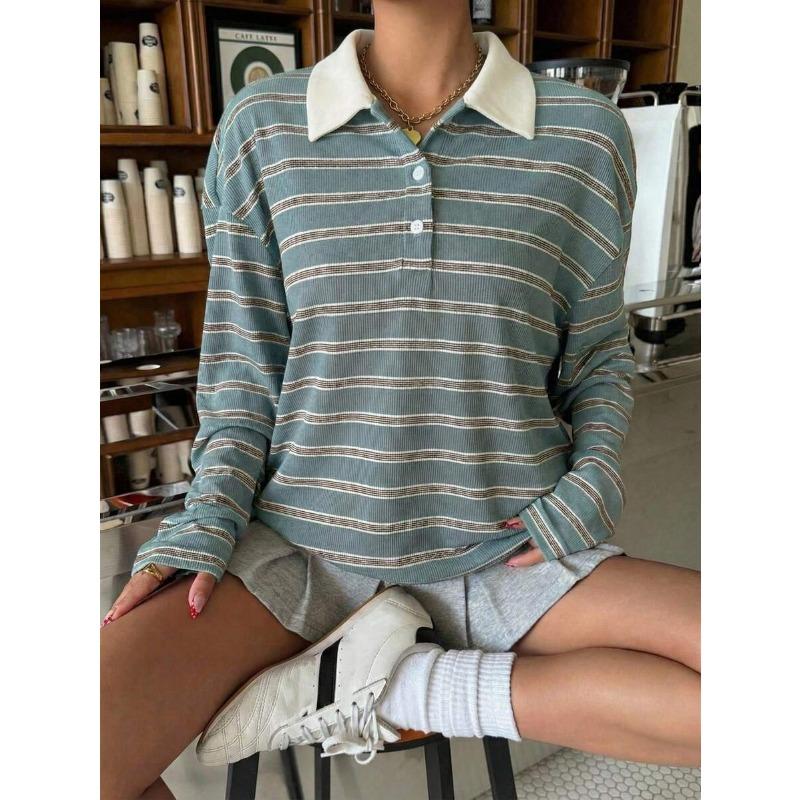 Womens Striped Button Polo Collar Long Sleeve Casual Loose Sweatshirt