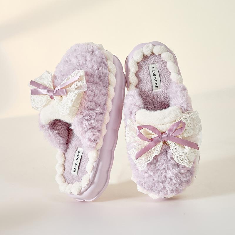 Bow cotton slippers female cute autumn and winter new home warm thick bottom ladies couple household fluffy slippers
