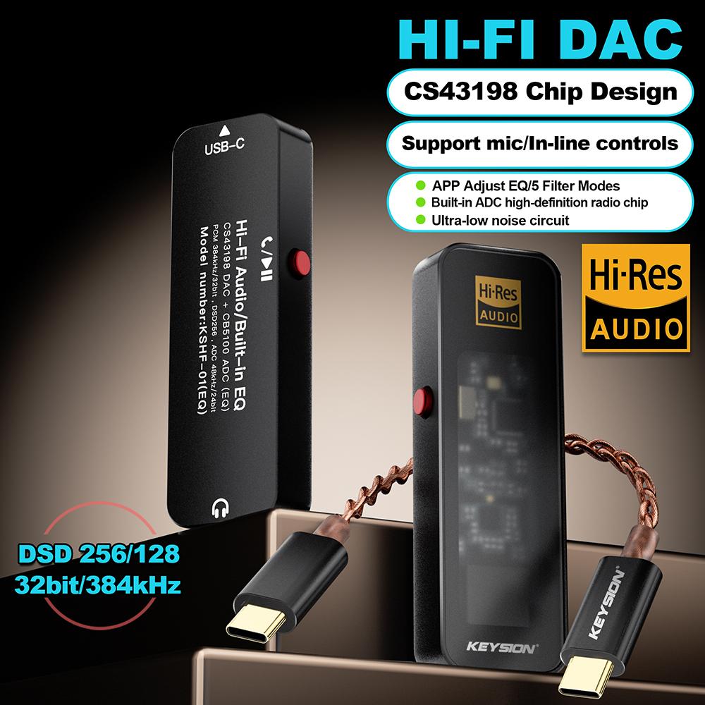 KEYSION CS43198 DSD256 384KHz USB DAC Audio HiFi Decoder ADC HD Radio Type-C to 3.5mm Headphone Amplifier for iOS Android Win 10