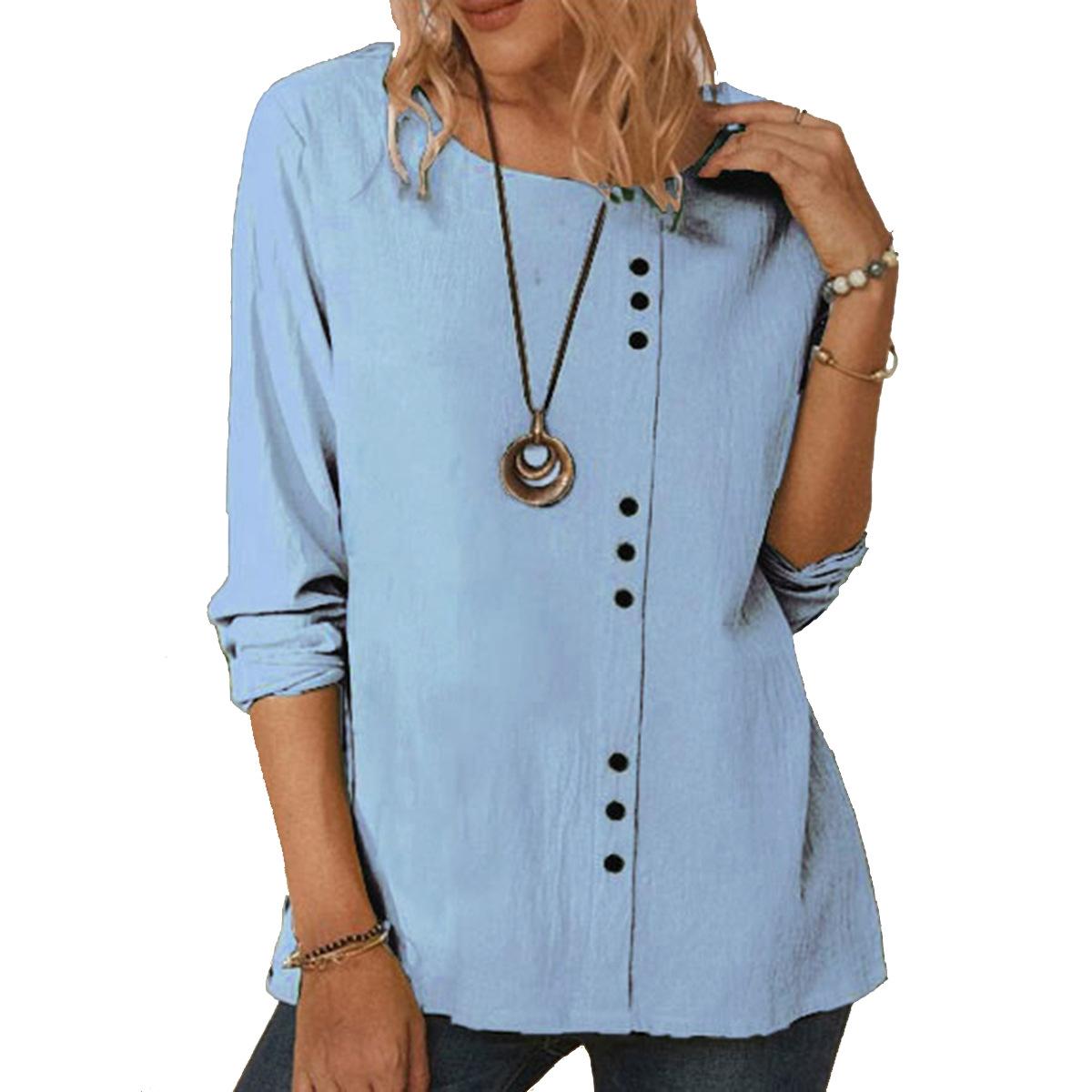 

2026 Spring and Autumn New Casual Loose Woven Long-Sleeve Pullover Women s T-Shirt S светло-синий