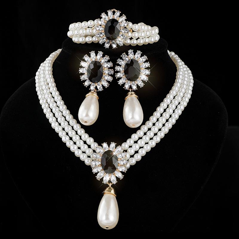 Water Drop Imitation Pearl Necklace Earrings Set Bridal Rhinestones Pearl Clavicle Chain Jewelry Women
