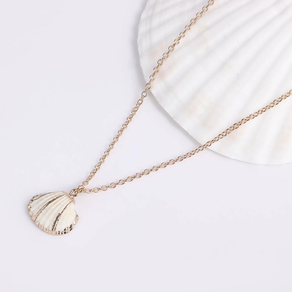 Ocean Wind Shell Multi-layer Stacked Necklace, Retro Vacation Oval Fritillary Beaded Necklace