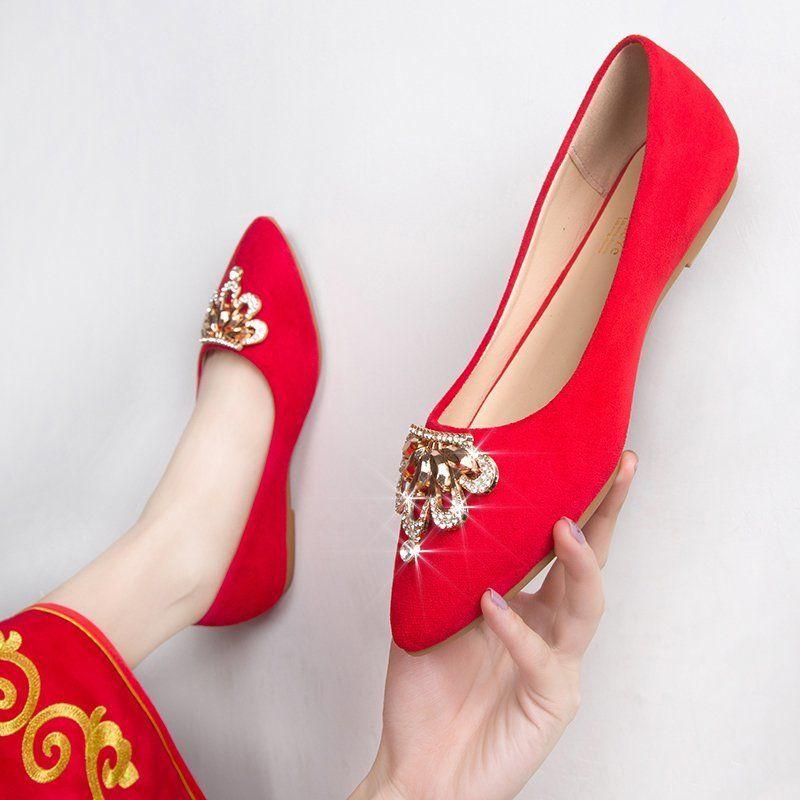 Ladies Footwear Pointed Toe Bride Rhinestone Red Women's Flat Shoes Non Slip Y2k Quick Delivery Wholesale Casual Vacation Spring