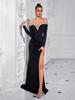 Elegant Long-Sleeve Strapless Evening Dress with Heavy Beading
