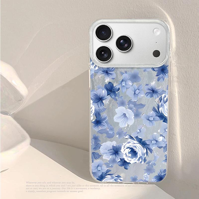 Blue Flowers Pattern Laser Phone Case For iPhone Air 17 16 15 14 13 15 Pro Max 16 15 Plus 13 17 Pro  Shockproof Hard Cover Funda