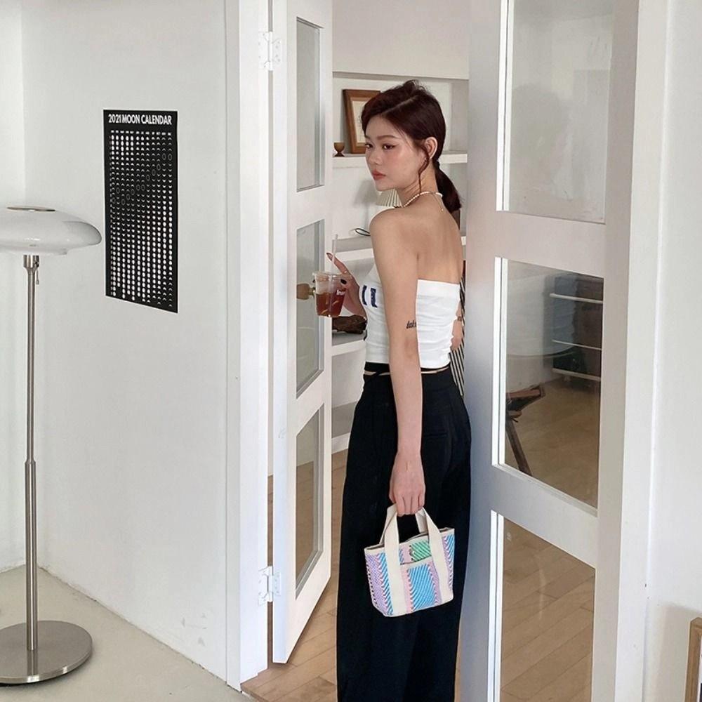 Large Capacity Straw Bag Stripe Tote Bag Practical Lunch Bag  for Home