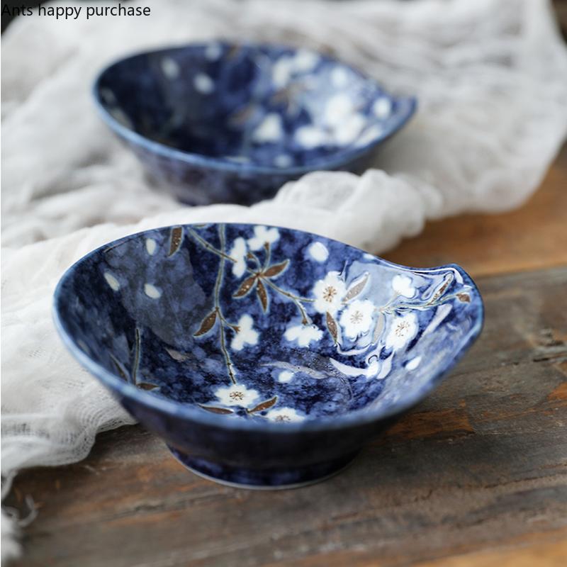 Blue Ceramic Plate Cherry Blossoms Seasoning Dish Dipping Bowl Snack Dish Snack Tray Dessert Plate Taste Dishes Decorative Bowls